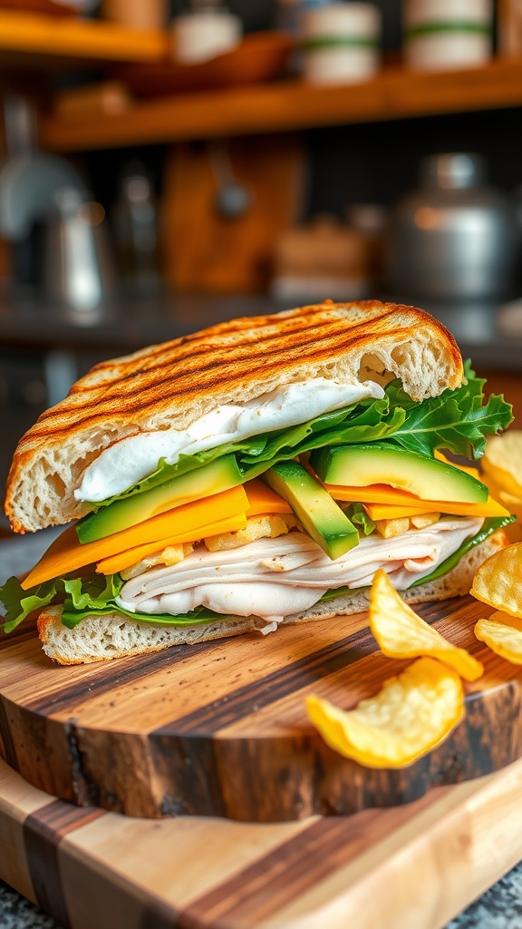 A delicious gourmet sandwich made with sourdough bread, filled with turkey, cheese, avocado, and greens, on a wooden board with chips.